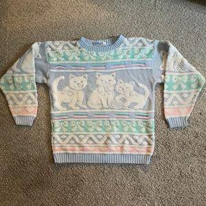 Vintage Blue Pastel Cat Sweater Size: M/L